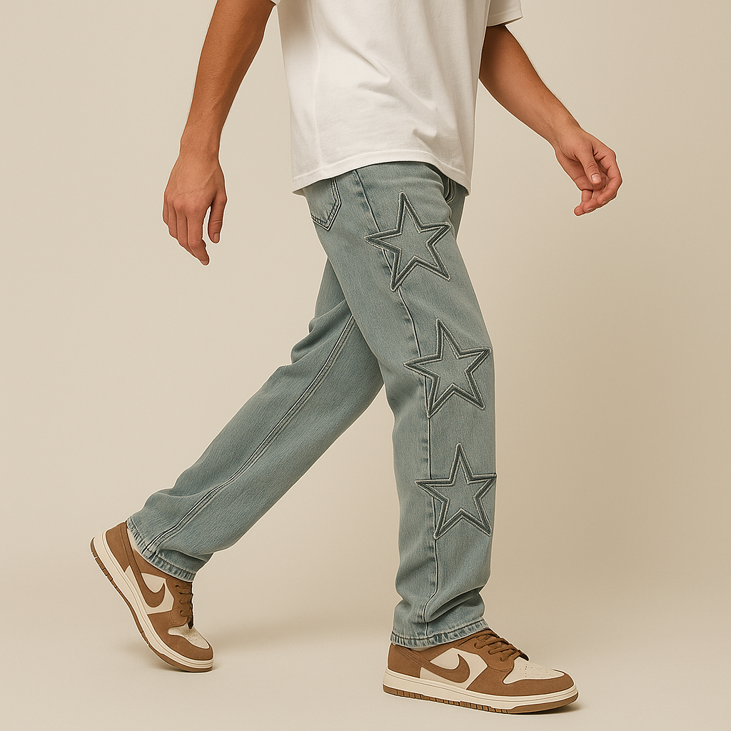 Star-Embroidered Wide-Leg Luxury Denim Jeans