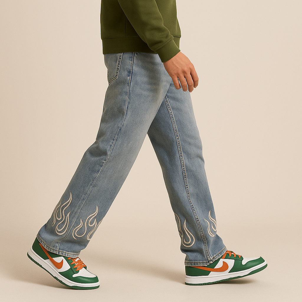 Premium Wide-Leg Flame-Embroidered Denim Pants