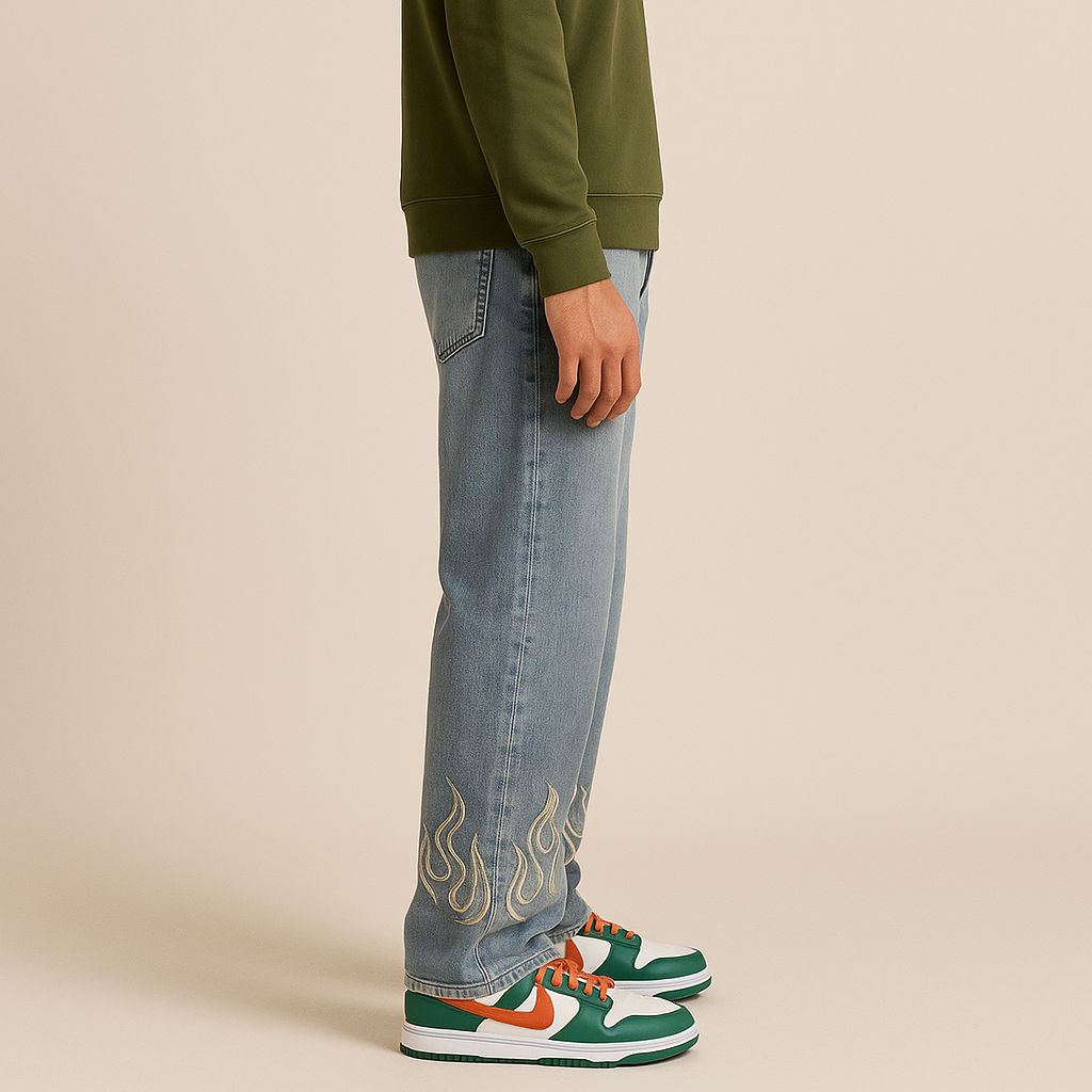 Premium Wide-Leg Flame-Embroidered Denim Pants