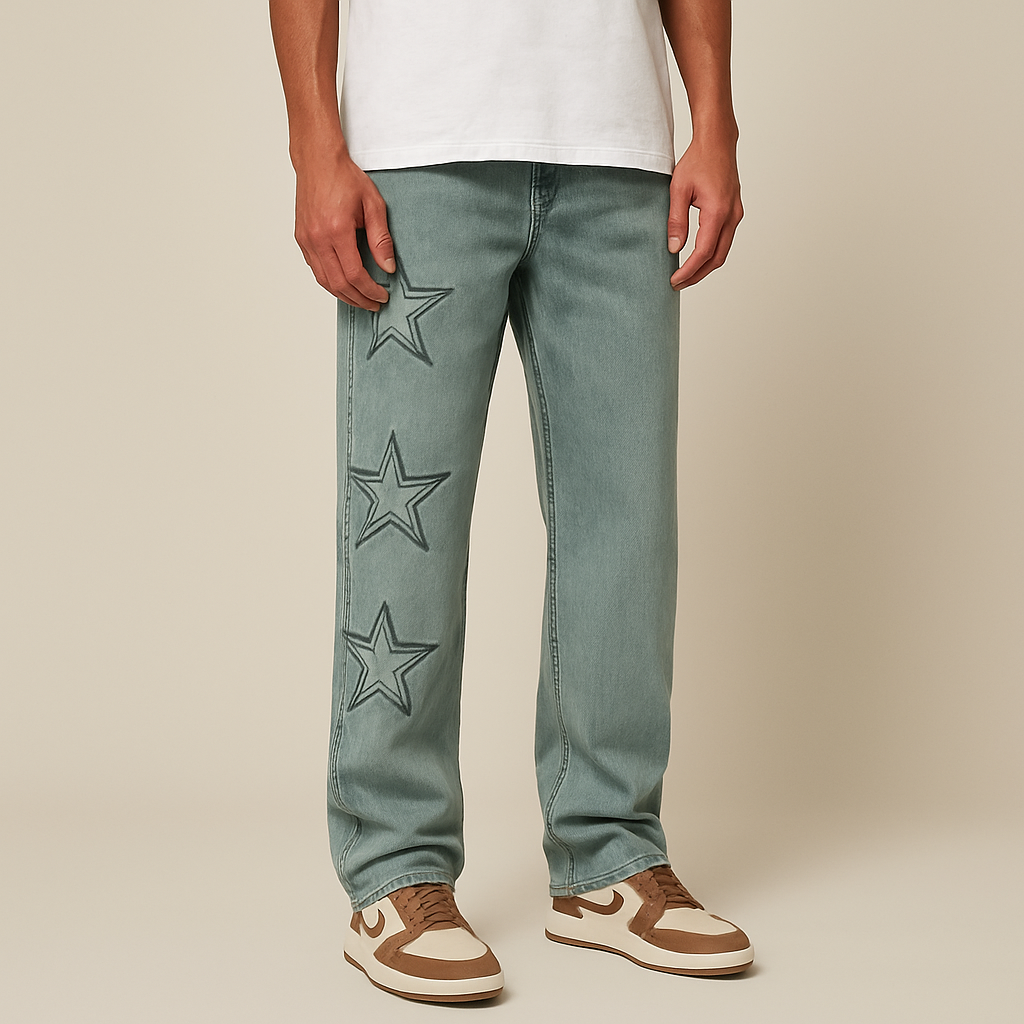 Star-Embroidered Wide-Leg Luxury Denim Jeans
