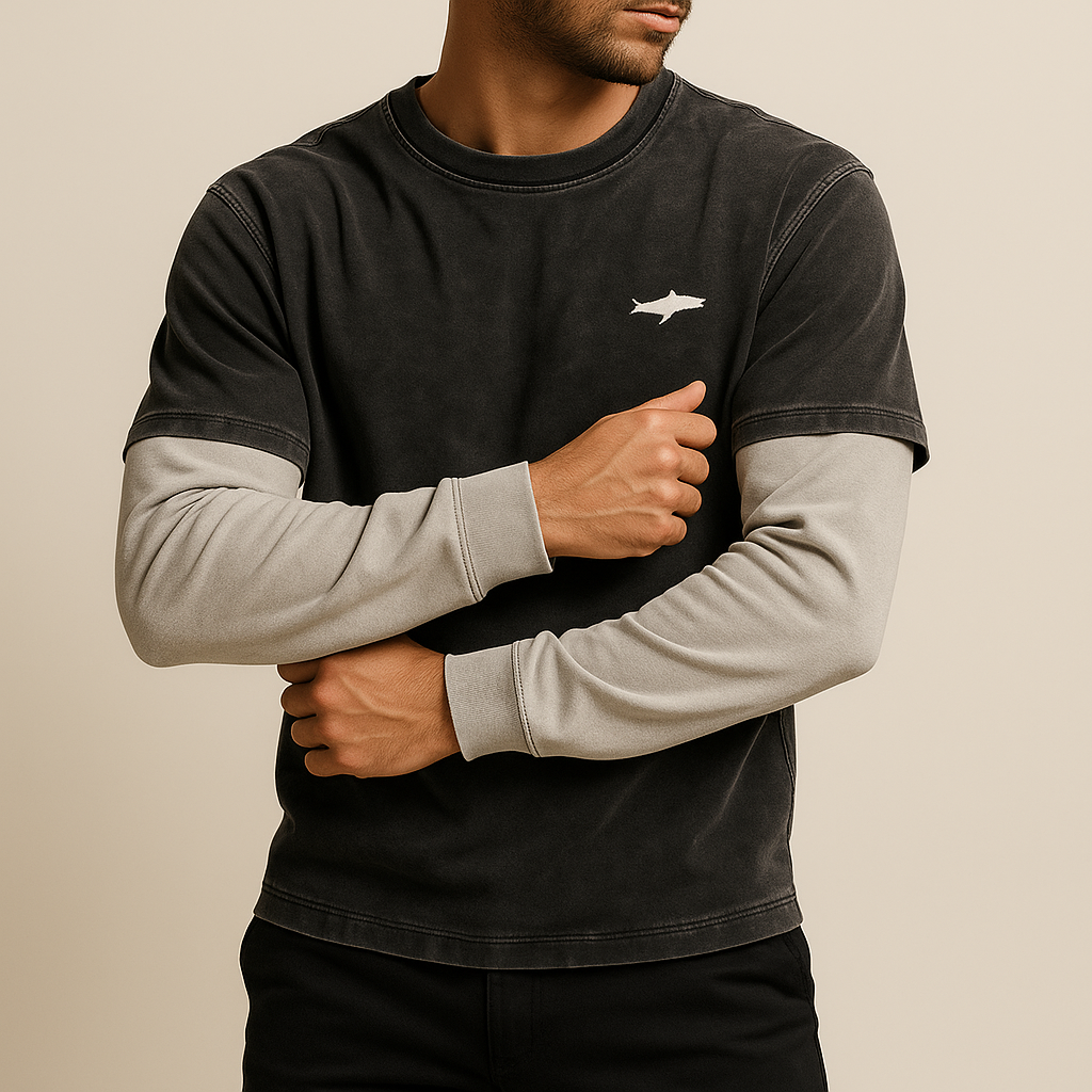 Vintage Wash Double-Layer Sleeve Crewneck