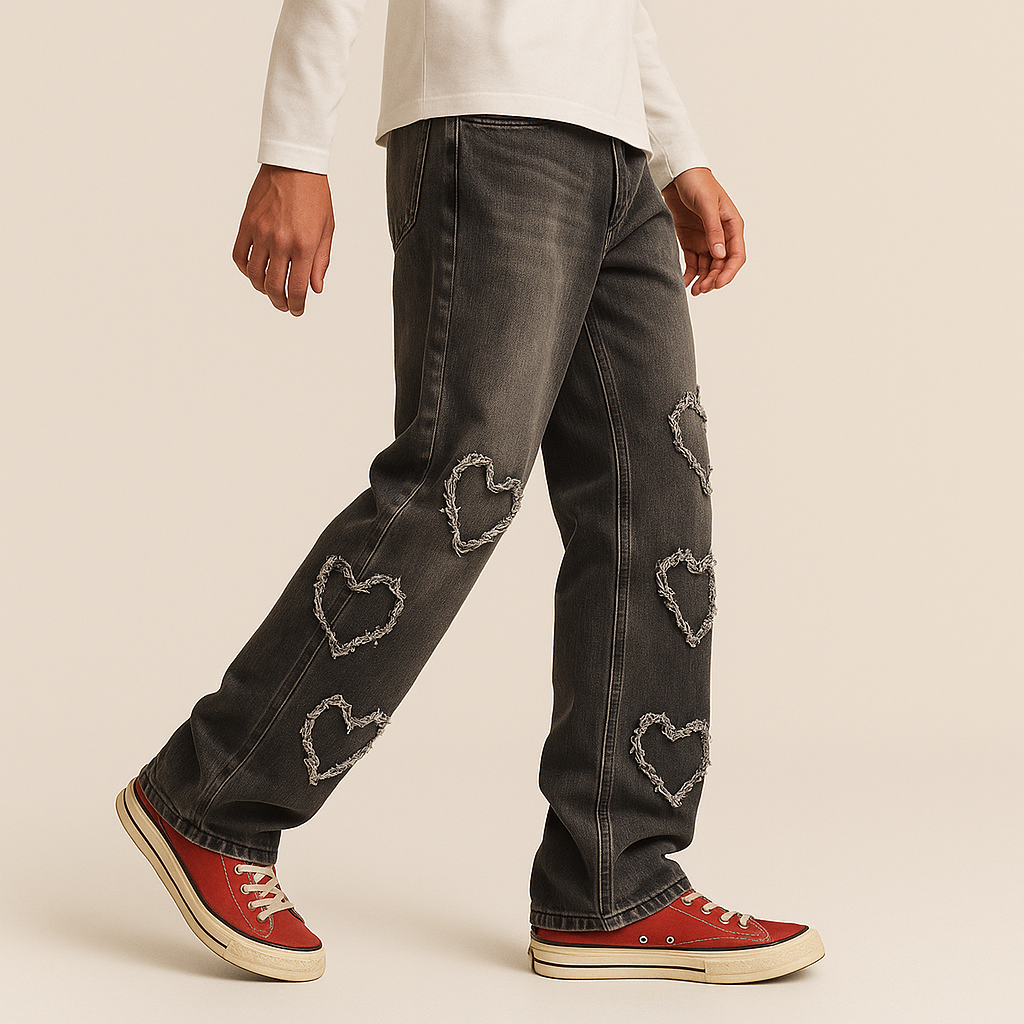 Men’s Black Distressed Heart Patch Jeans: