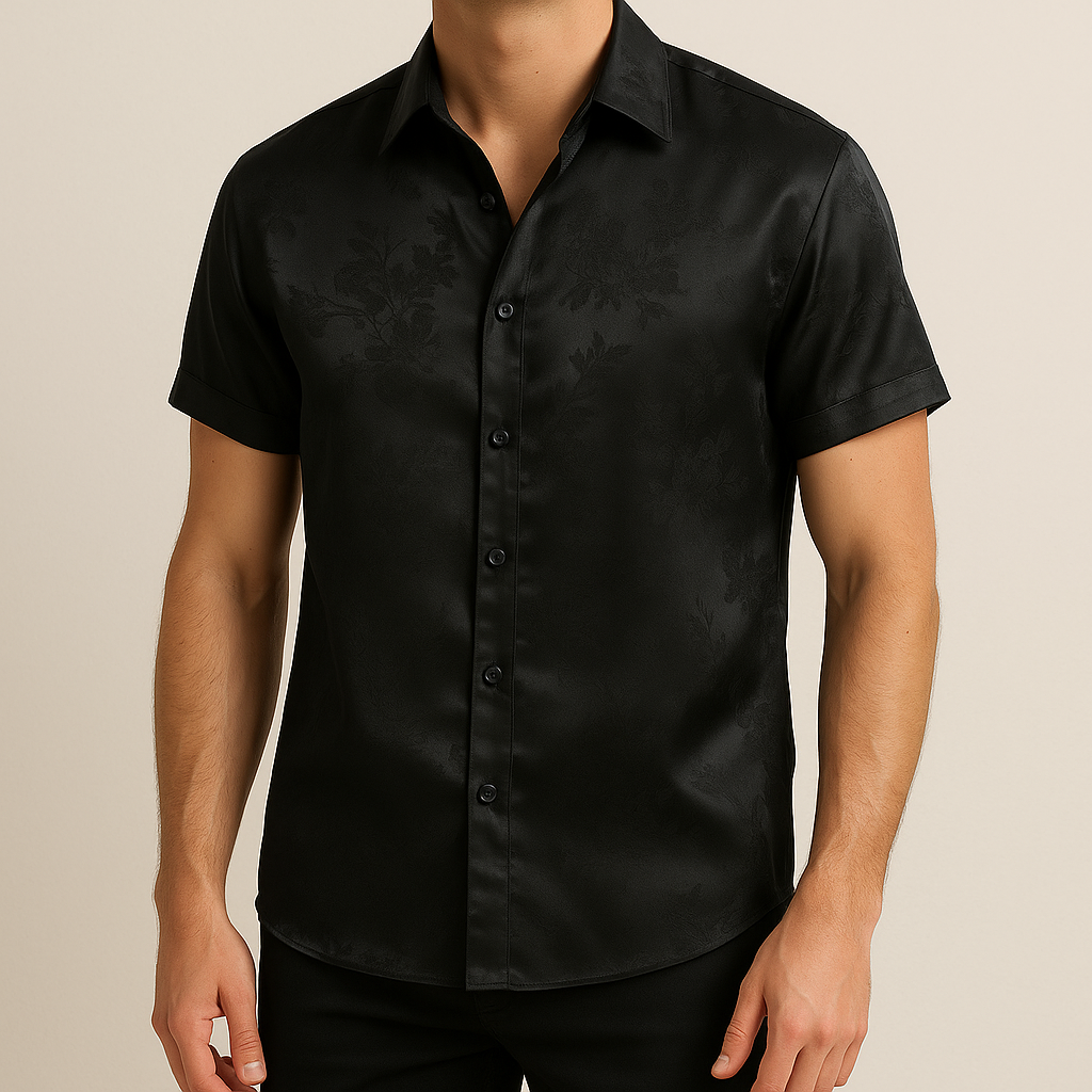 Luxury Men’s Black Satin Floral Short-Sleeve Shirt