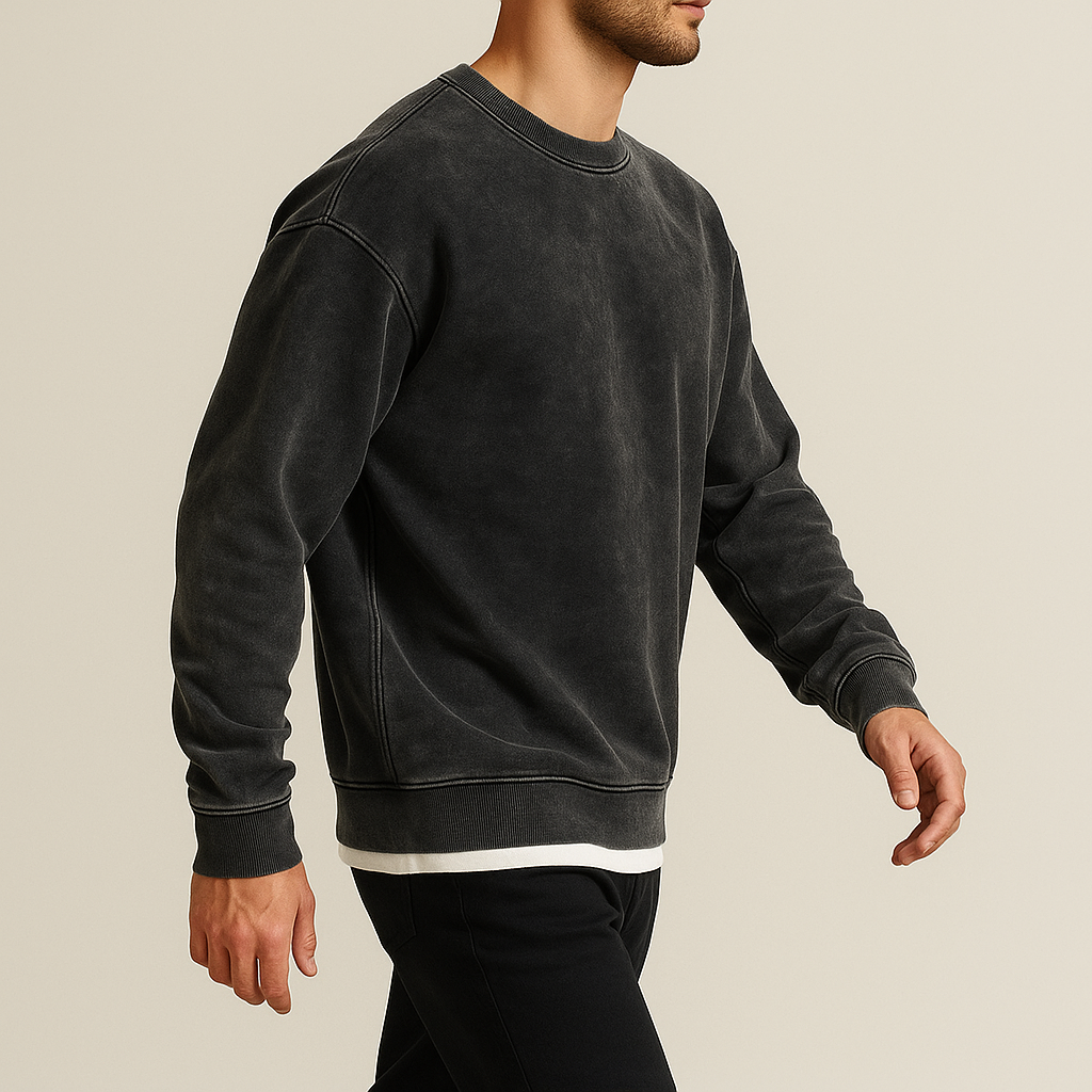 Vintage Washed Distressed Crew-Neck Long Sleeve Top