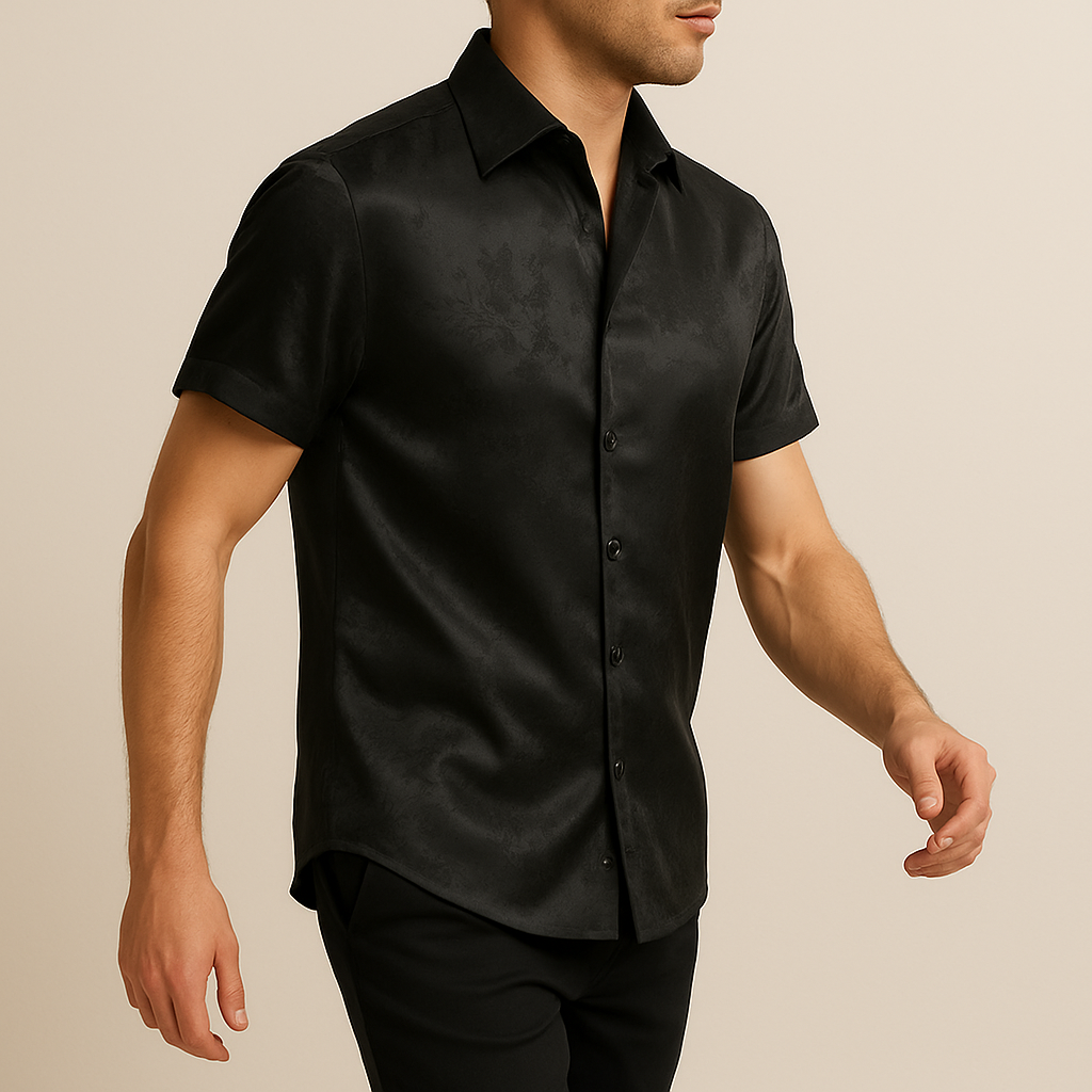 Luxury Men’s Black Satin Floral Short-Sleeve Shirt