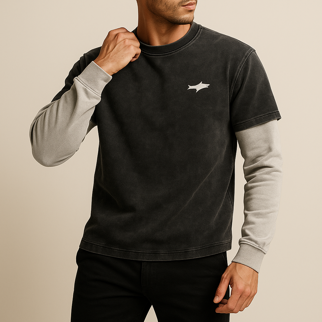 Vintage Wash Double-Layer Sleeve Crewneck