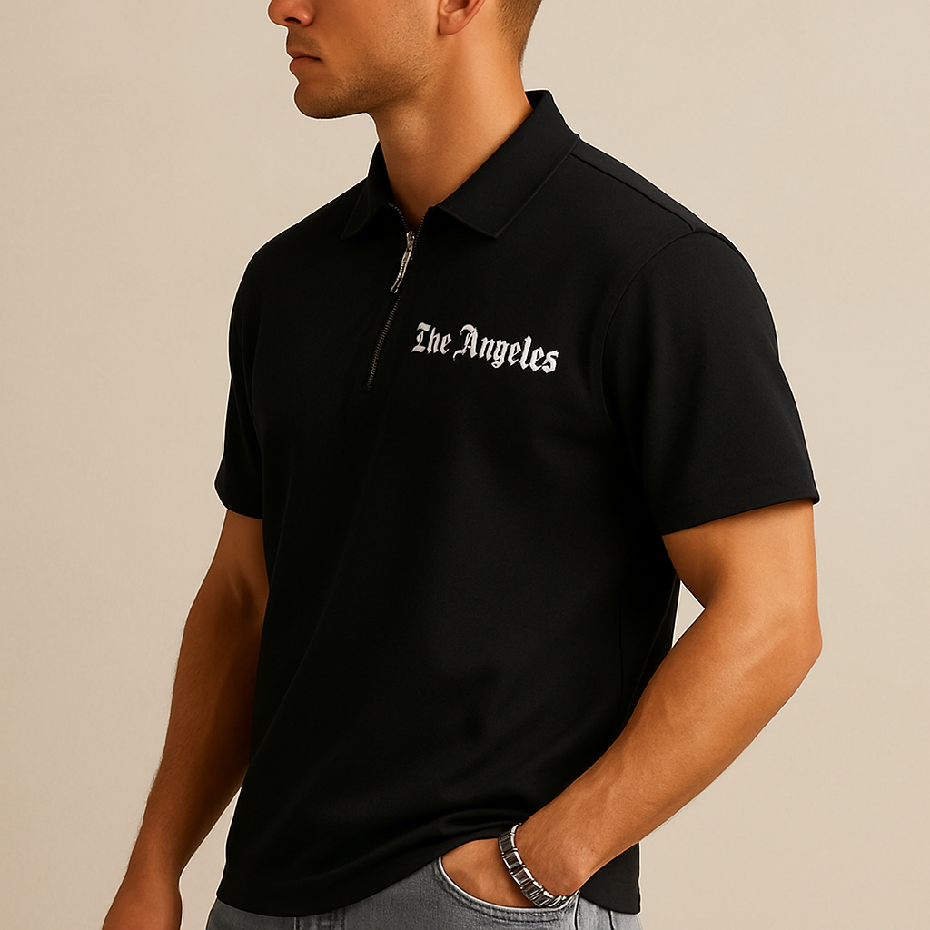 Men’s Luxe Zipper Letter-Print Polo – Los Angeles
