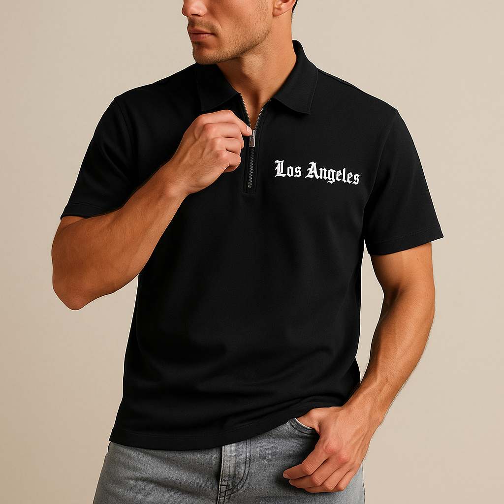 Men’s Luxe Zipper Letter-Print Polo – Los Angeles
