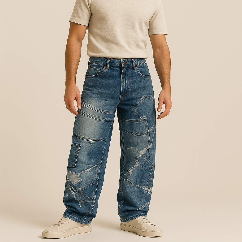 Men’s Premium Patchwork Wide-Leg Denim Pants