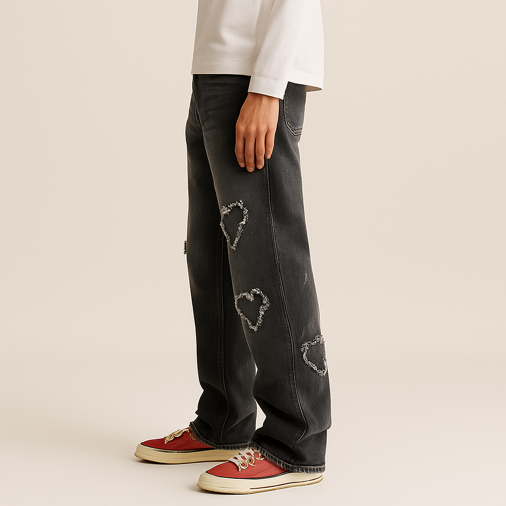 Men’s Black Distressed Heart Patch Jeans: