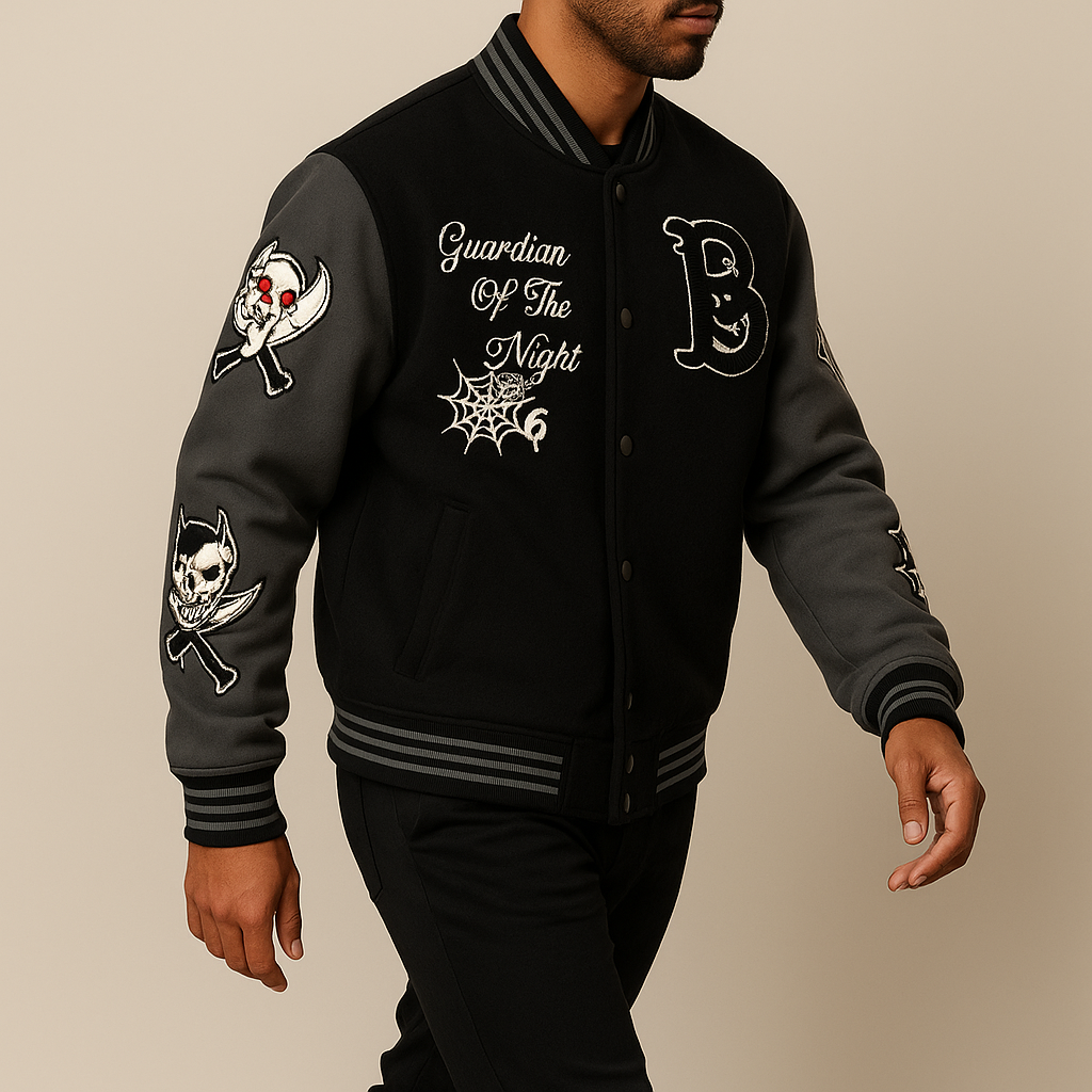 Luxury Letter-&-Bat Skull Varsity Jacket