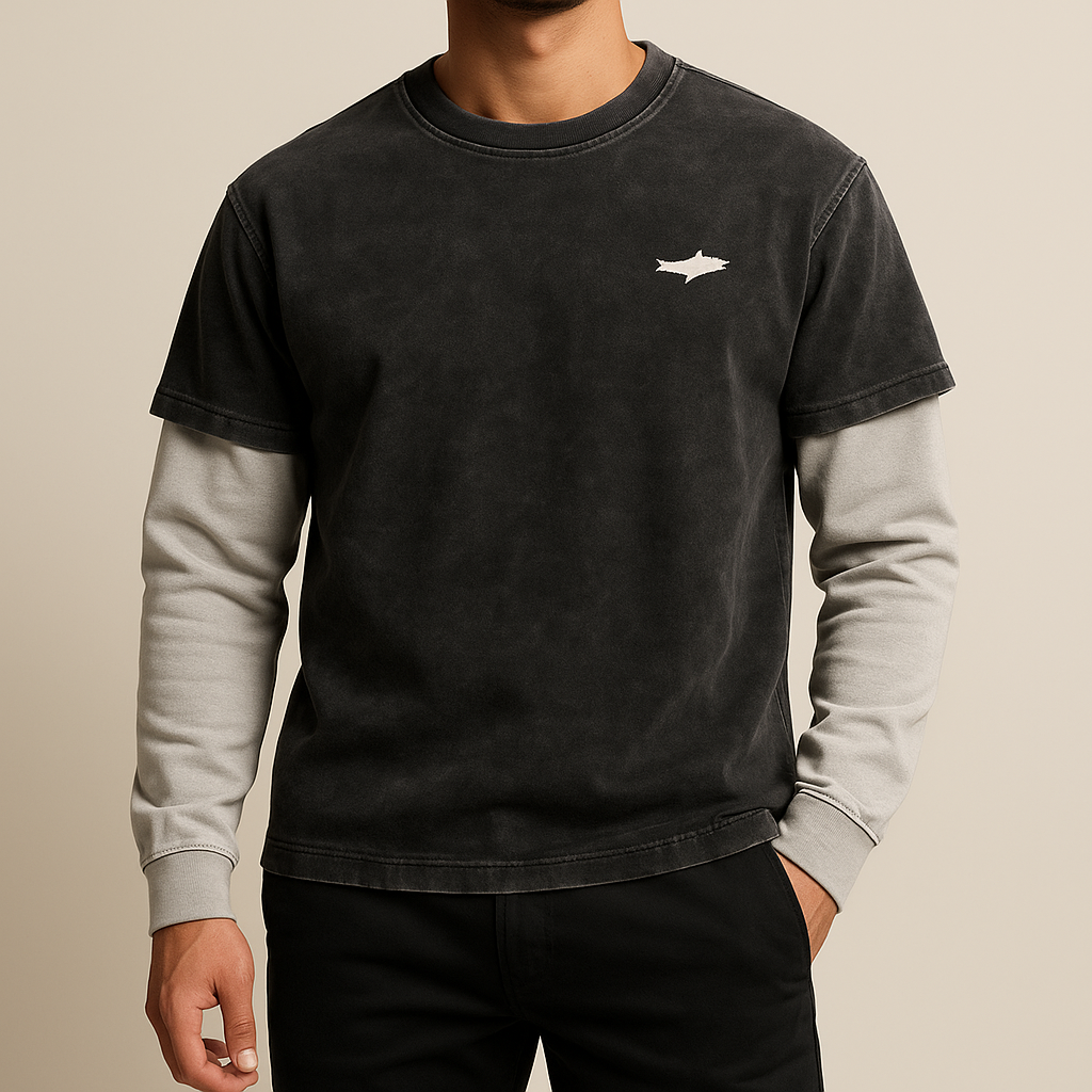 Vintage Wash Double-Layer Sleeve Crewneck