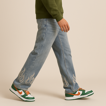 Premium Wide-Leg Flame-Embroidered Denim Pants