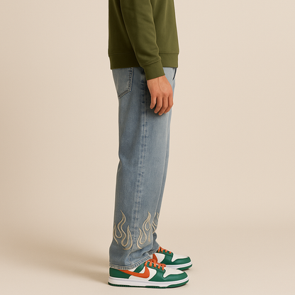 Premium Wide-Leg Flame-Embroidered Denim Pants