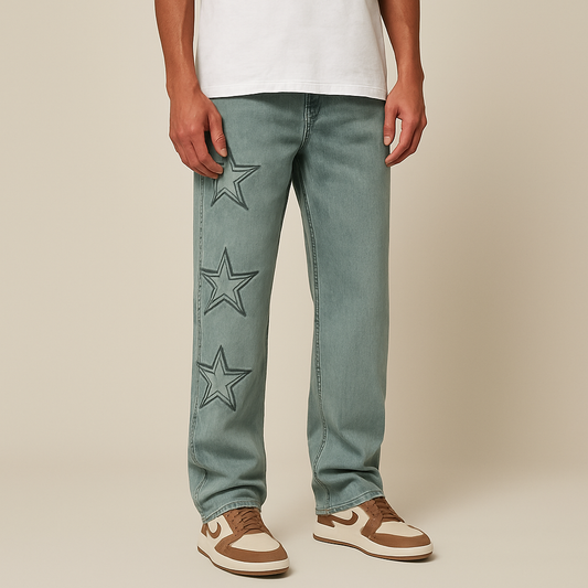 Star-Embroidered Wide-Leg Luxury Denim Jeans
