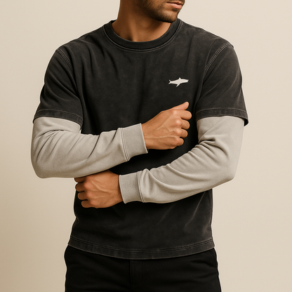 Vintage Wash Double-Layer Sleeve Crewneck