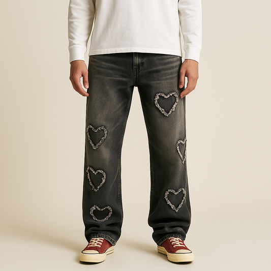 Men’s Black Distressed Heart Patch Jeans: