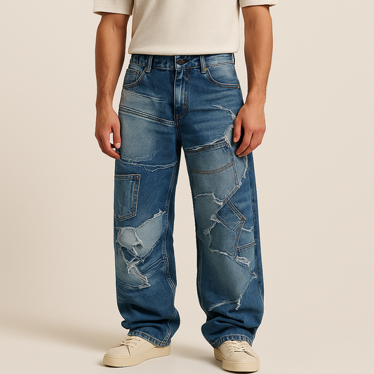 Men’s Premium Patchwork Wide-Leg Denim Pants