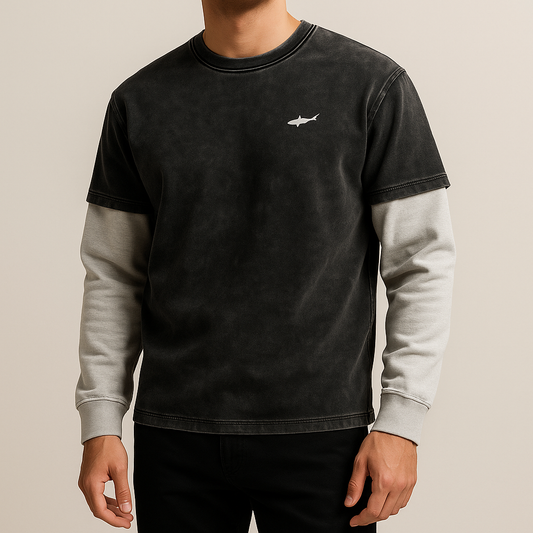 Vintage Wash Double-Layer Sleeve Crewneck