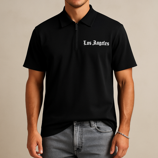 Men’s Luxe Zipper Letter-Print Polo – Los Angeles