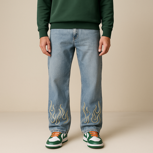 Premium Wide-Leg Flame-Embroidered Denim Pants