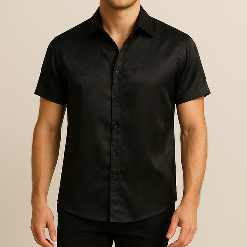 Luxury Men’s Black Satin Floral Short-Sleeve Shirt