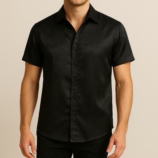 Luxury Men’s Black Satin Floral Short-Sleeve Shirt