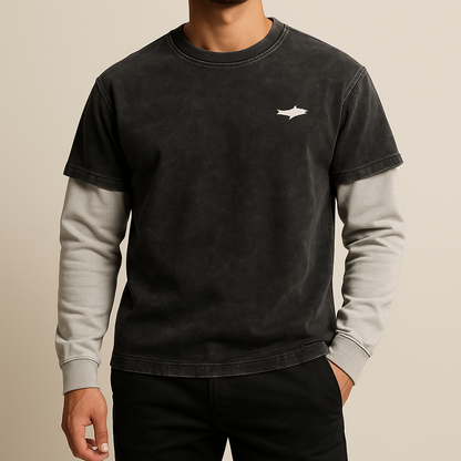 Vintage Wash Double-Layer Sleeve Crewneck